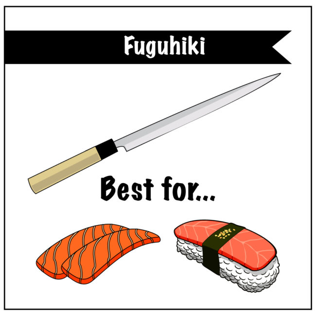 Fuguhiki Knife infographic - this knife is thinner than the Yanagi, but is still best used on raw fish
